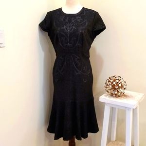 Silver and Black Sheath Midi Dress with Crew Neck